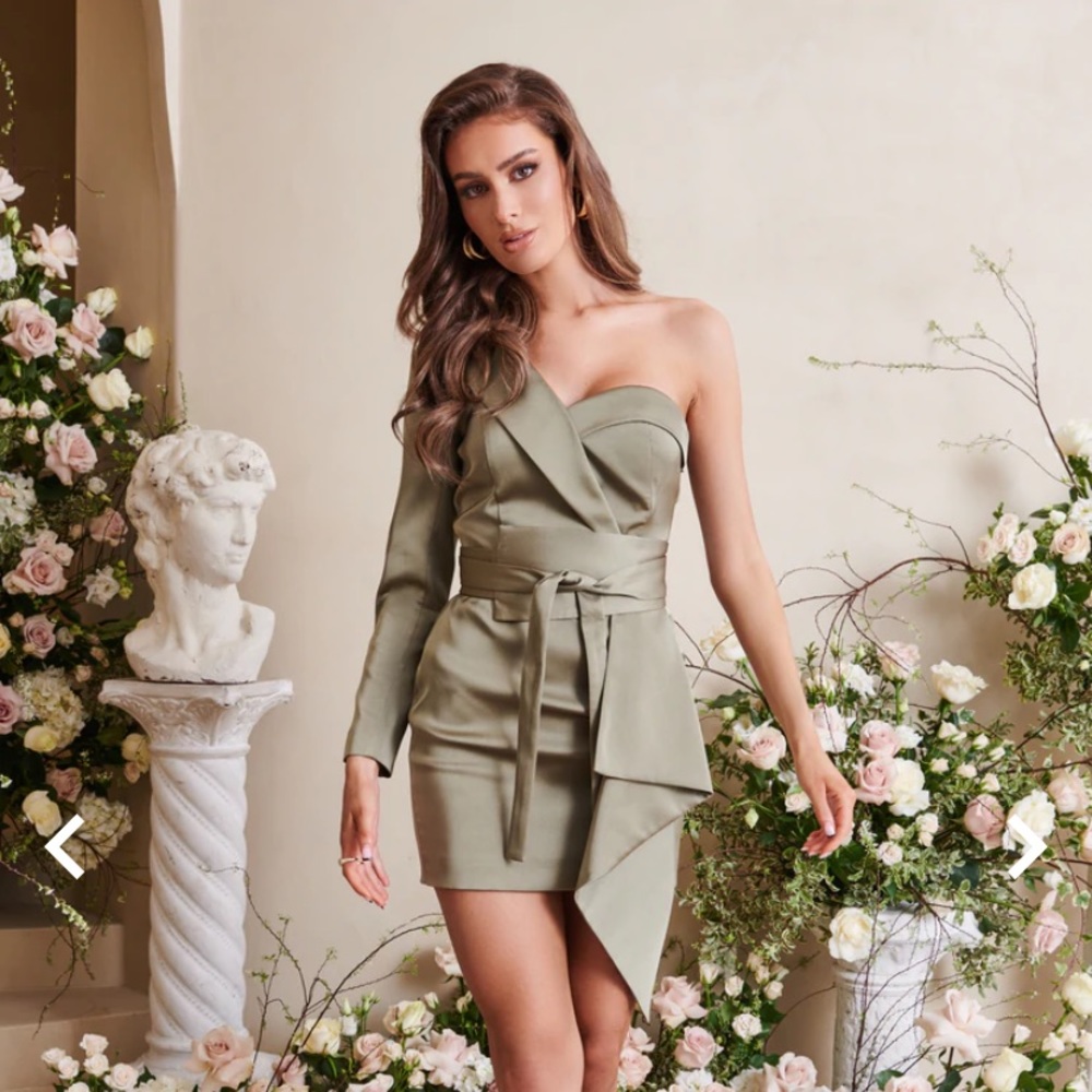 Lavish Alice satin mini blazer dress with origami belt in sage NWT